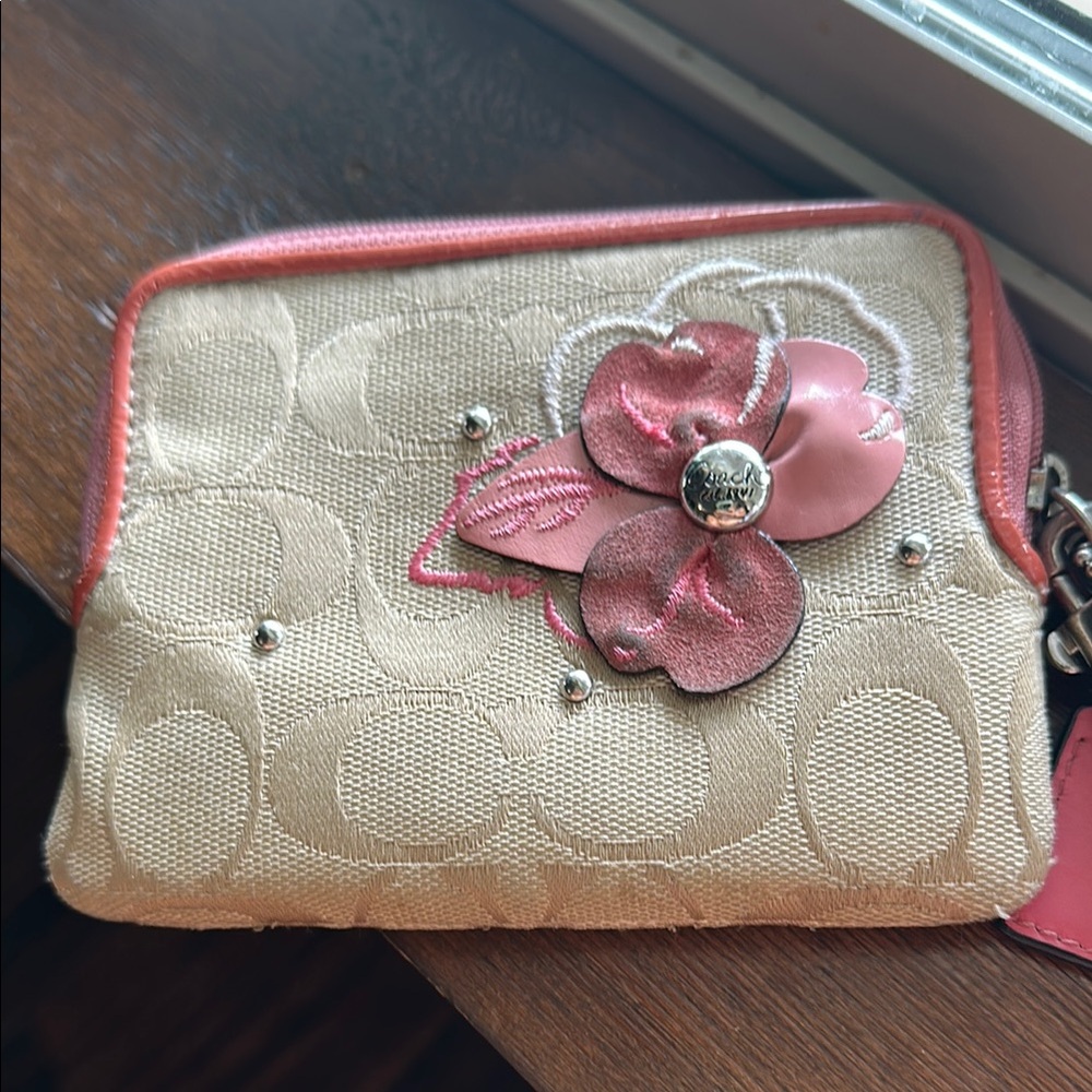 Coach Pink accent Leather Floral Clutch